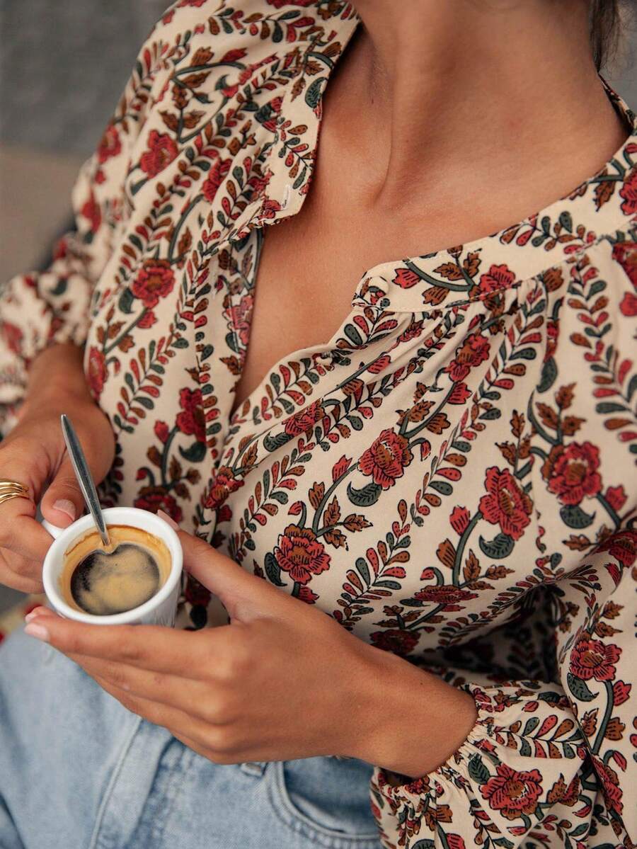 Blouse étoffe automne vintage imprimé femme — boutons