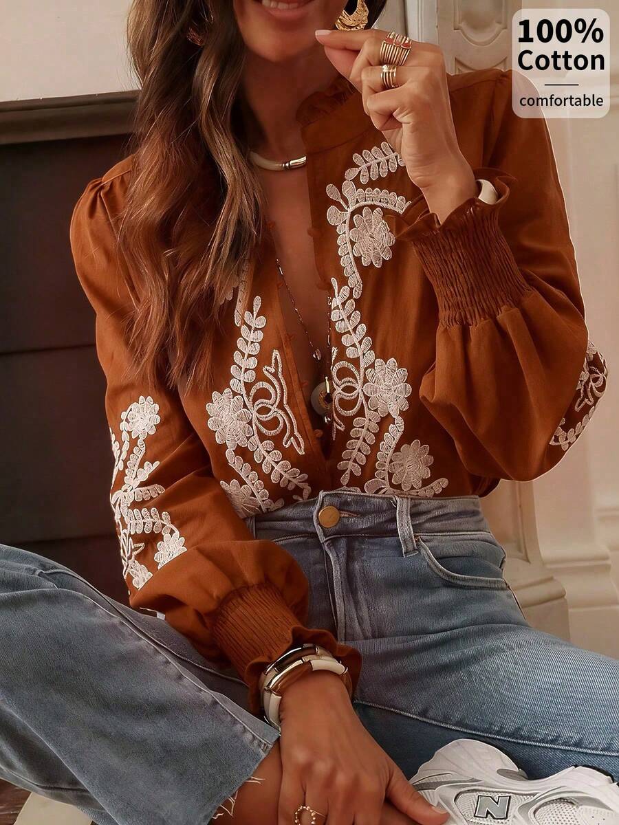 Chemise bohème acajou femme — col montant