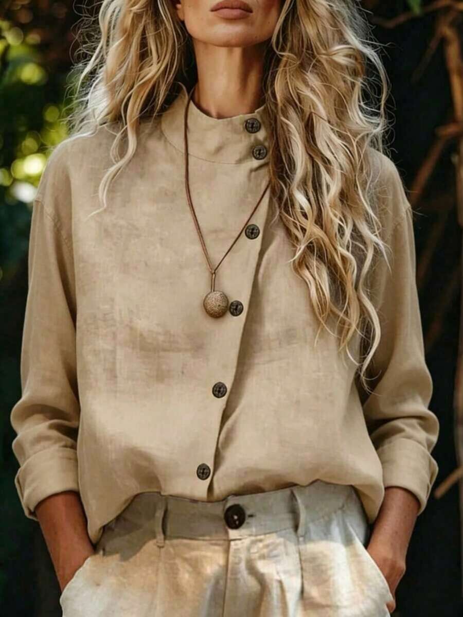 Chemise kaki couleur unie col — manches longues