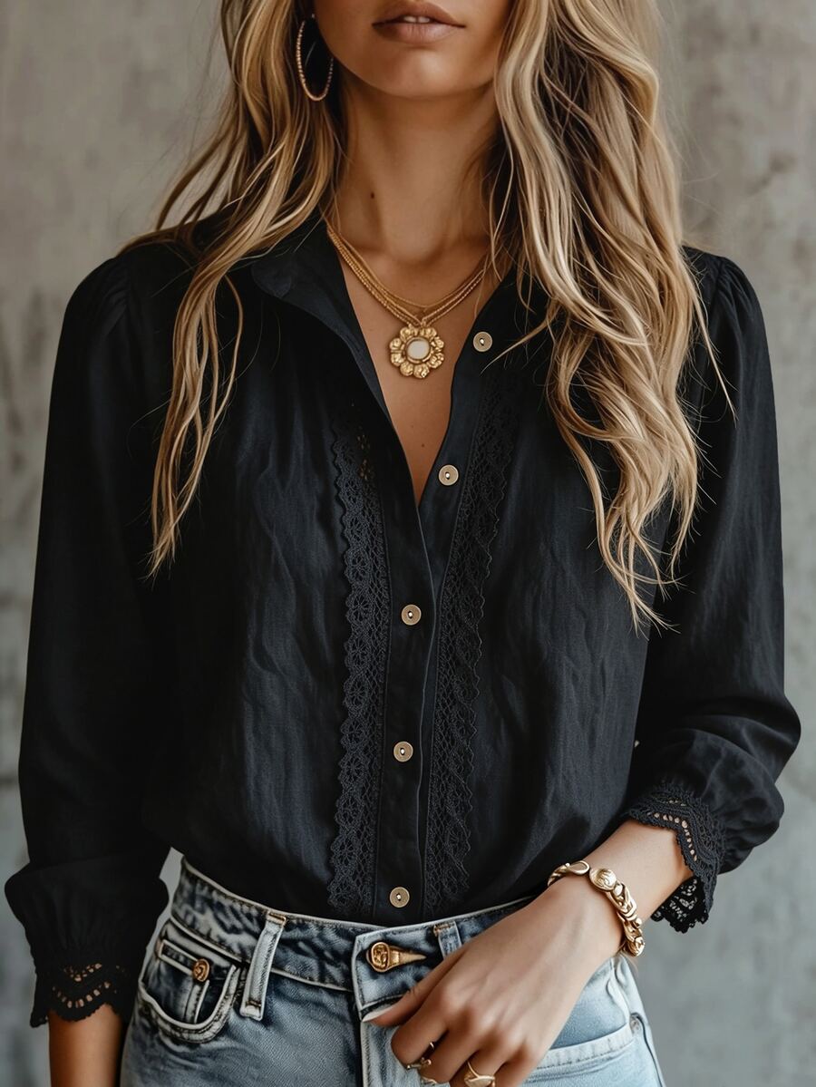 Chemise unie casual femme — dentelle contrastée