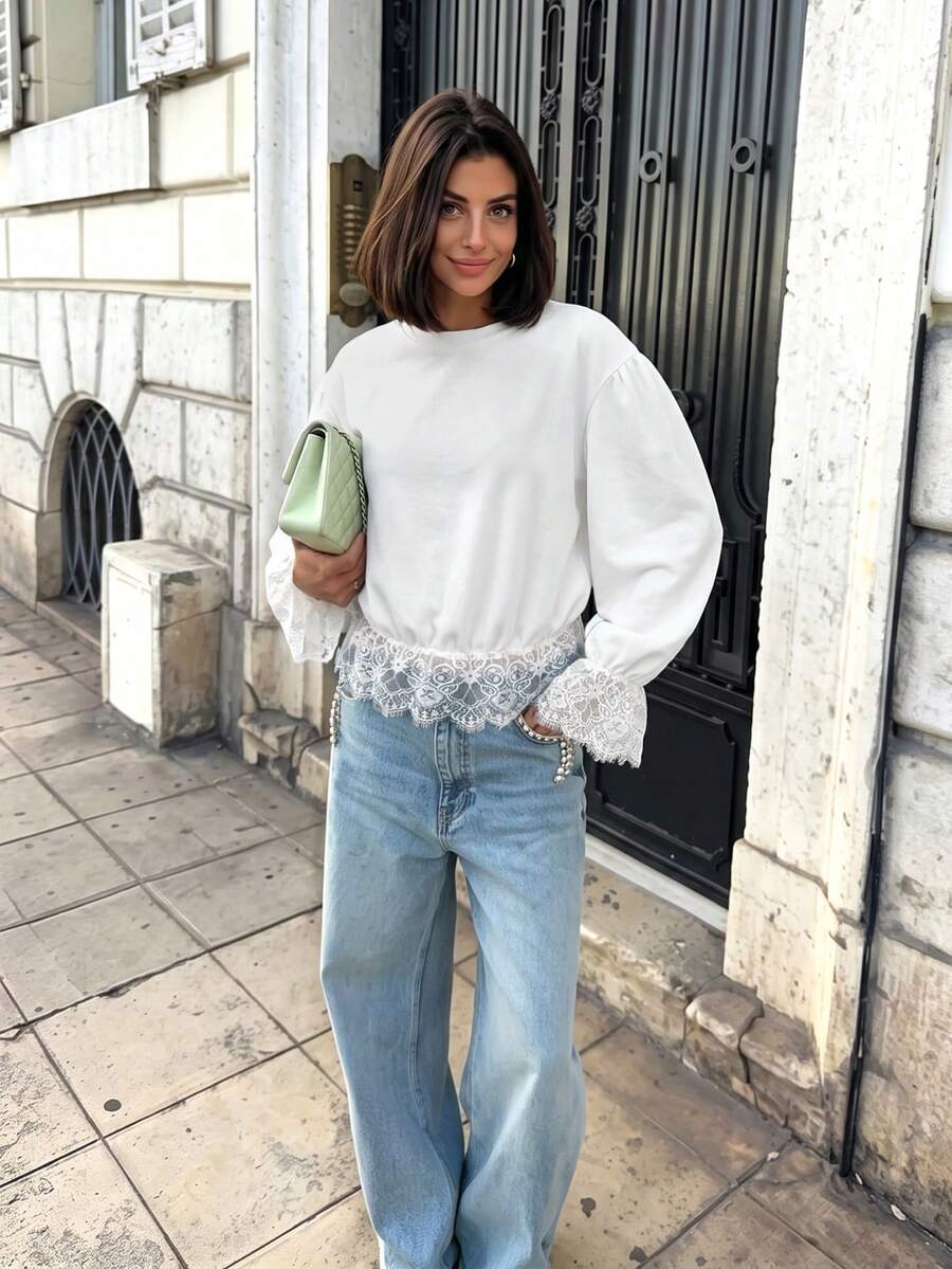 Sweat-shirt blanc tissu tricoté femme — manches longues