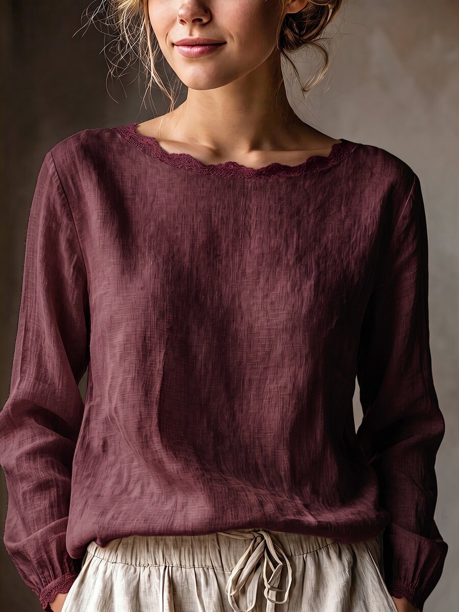 Blouse tie and dye élégante beige clair femme — dentelle contrastée