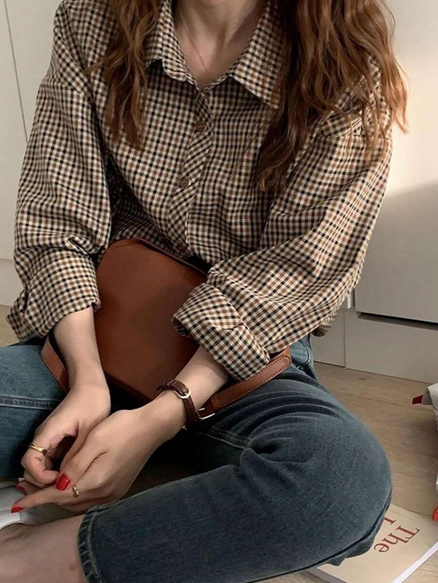 Chemise large carreaux avec col femme — manches longues