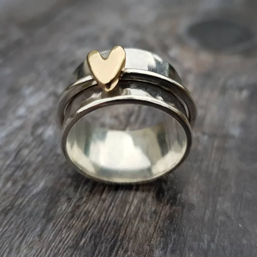 Bague femme cœur dorée argent – cœur doré sur base argentée